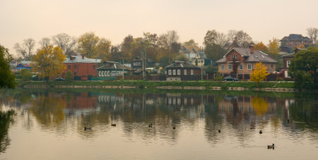 Autumn lake scenery in Suzdal Town, Russia. Suzdal is the main towns of the ancient Russian principality in the 12th centuries.の写真素材