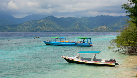 Gili, Indonesia - Apr 17, 2016. Beautiful seascape at summer on Gili Islands, Indonesia. Gili is known for its beautiful white sand beaches, and colorful coral reefs.のeditorial素材