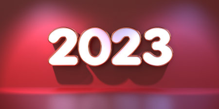 3D 2023 new year white, goldwhite abstract background black, green, blue, red, gold colorの写真素材