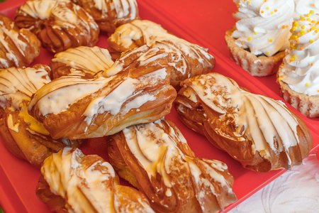 Custard pies on a tray, prepared to sell at the fair.