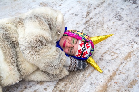 Polotsk, Belarus 13.01.2018. Christmas carols on the old new year. Traditional festival consists of greetings, comic scenes, Christmas fortune-telling and folk games, as well as Belarusian songsのeditorial素材