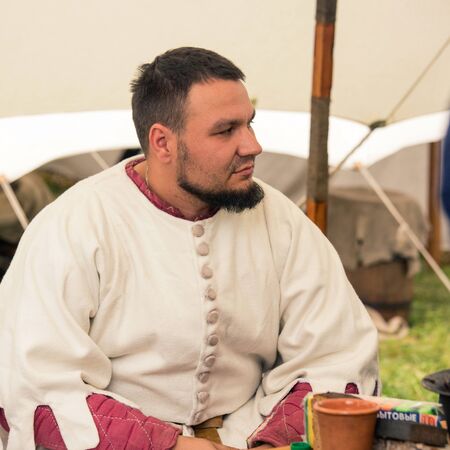 02 09 2017, Polotsk, Vitebsk region, Belarus. Festival of medieval culture Rubon-2017. A young man...