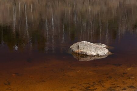 A huge boulder is illuminated by the sun and lies in the water. The spring landscape has a river, a boulder, and the reflection of trees in the water.の写真素材