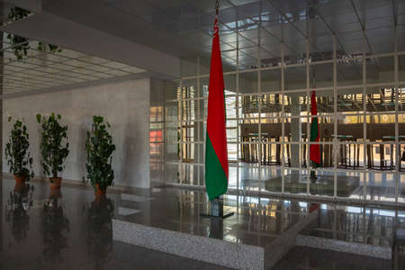 2018 04 21, Minsk, Belarus, cultural and business center Palace of the Republic. Internal interior. National Flag of the Republic of Belarus.のeditorial素材