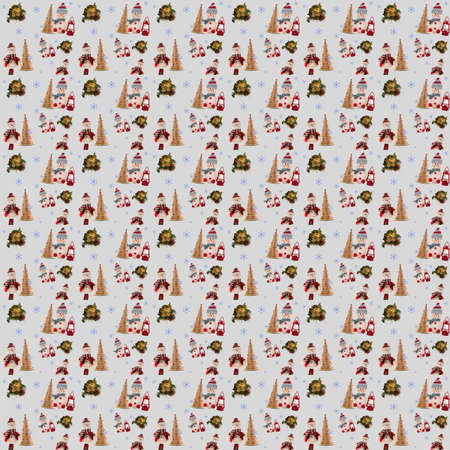 Christmas tree, snowflake, fir branch with cone and snowman seamless pattern on white background....