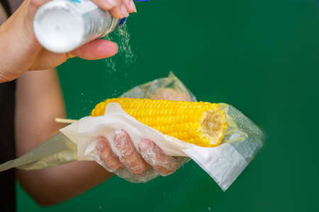 Boiled ripe corn cob with saltの写真素材