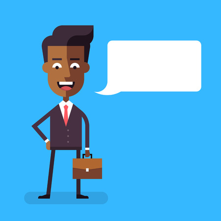 Handsome african american businessman in formal suit with a briefcase. Cartoon character - successful happy manager. Vector stock illustration in flat design.のイラスト素材