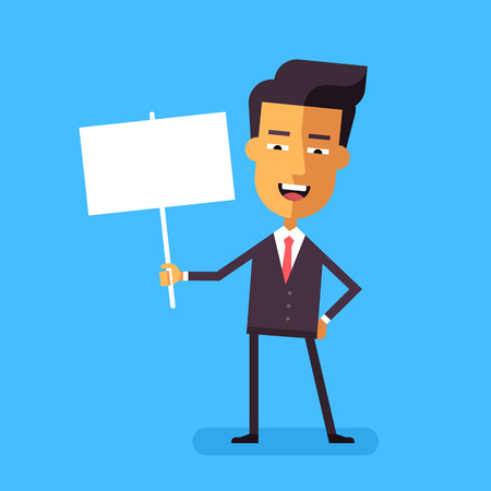 Handsome asian businessman holding a poster. Cartoon character - cute manager with banner. Template for your text. Stock vector illustration style flatのイラスト素材