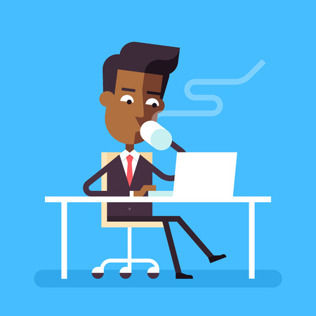 Handsome man in formal suit is sitting legs crossed at the desk with a laptop and drinking hot beverage. Cartoon character - businessman. Stock vector illustration in flat design.のイラスト素材