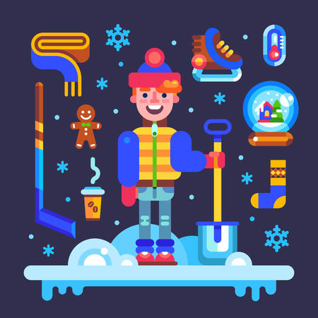 Set of winter attributes for fun and holidays: guy character with shovel, hockey skates and stick, scarf, xmas glass ball, gingerbread man, thermometer, snowflakes. Vector flat illustration an icons.のイラスト素材