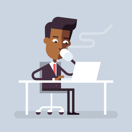 Handsome black man in formal suit is sitting at the desk with a laptop and drinking hot beverage. Cartoon character - businessman. Stock vector illustration in flat design.のイラスト素材