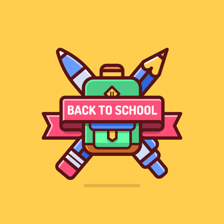 Back to school badge. Cool trendy school logo with ribbon, backpack, pen and pencil. Modern flat style. Premium quality vector icon.のイラスト素材