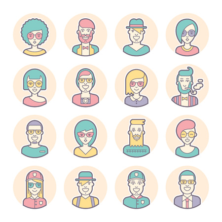 Creative set of round avatars for social media or web site. Trendy profile icons collection. Black and white characters: guys, girls. Contours, outlines and lines. Flat vector stock.のイラスト素材