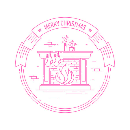 Merry Christmas and Happy New Year creative badge or labels with fireplace, socks and candles for greetings cards, gift tags, Christmas sale or web design. Thin lines,. Vector.のイラスト素材