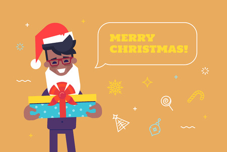 Happy black businessman in santa hat with beard giving gift box with Merry Christmas and New Year icons on background. Vector illustration.のイラスト素材