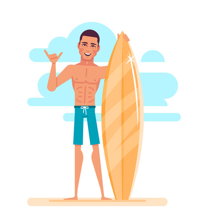 Attractive young surfer is holding surfboard.のイラスト素材
