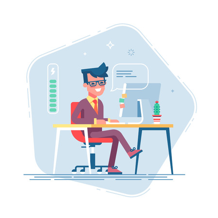 Handsome young businessman character full of energy. Full of energy to work. Vector flat cartoon illustrationのイラスト素材