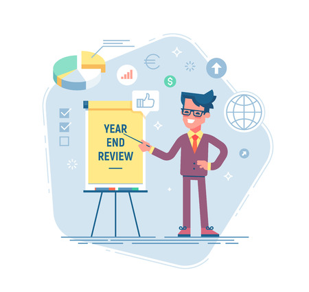Confident young man is standing near flip chart and pointing graph and diagram. Year end review business concept. Vector illustration. Flat designのイラスト素材