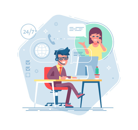 Happy male helpline operator with headset consulting a client. Online global tech support 24 7. Operator and customer. Technical support concept. Vector illustration in flat design.のイラスト素材