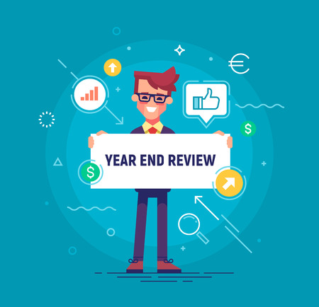 Handsome businessman holding board with title Year End Review. Project report, year end summary concept. Vector illustration in flat style.のイラスト素材