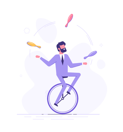 Man is riding on unicycle and juggling tasks.のイラスト素材