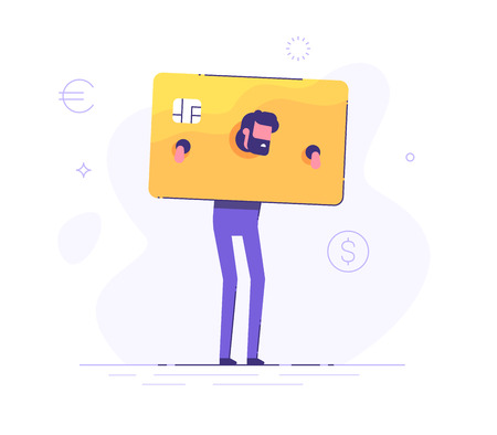 The upset businessman is standing and shackled in fetters in the form of a credit card. Concept of squander and credit slavery. Vector illustration.のイラスト素材