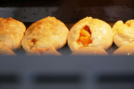 Heap of delicious fresh pies with fruits on tray, closeup