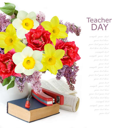 World Teacher's day concept. Flowers bunch, map, globe and books pileの写真素材