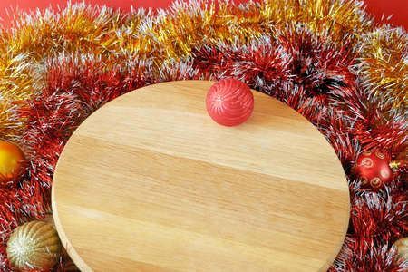 wooden background with balls and decoration with copy space, merry chirtmas and happy new year conceptの写真素材