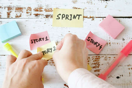 software scrum agile board with paper task, agile software development methodologiesの写真素材