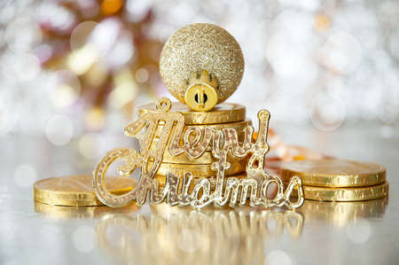 Cristmas greeting card with new year balls, merry christmas and happy new year conceptの写真素材