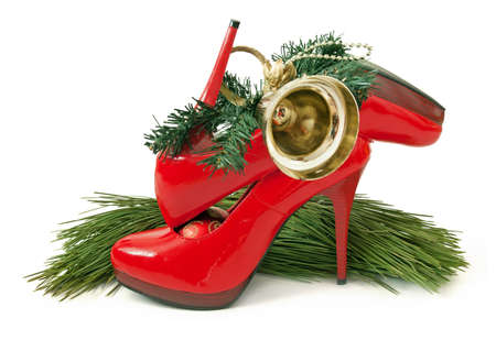 beautiful red shoes and new year balls and fir, christmas sales concept, closeupの写真素材