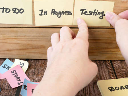 software scrum agile board with paper task, agile software development methodologies concept,...