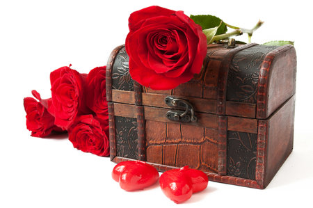 fresh red rose and heart symbol on white background, closeupの写真素材