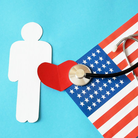 National american flag and heart. american heart month in February, closeup