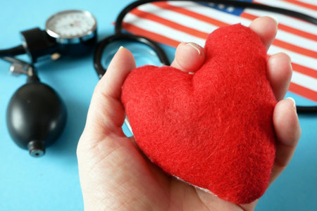 National american flag and heart. american heart month in February, closeupの写真素材