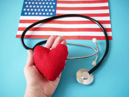 National american flag and heart. american heart month in February, closeupの写真素材