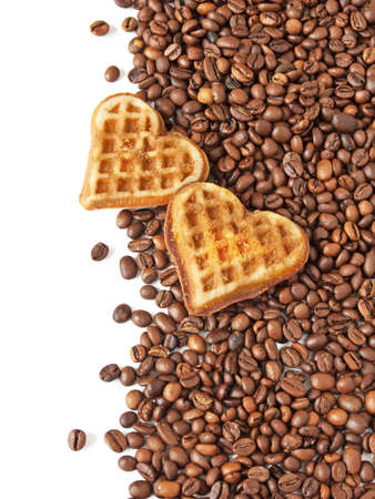 coffee beans and two cookies with heart shape, happy valentine's day conceptの写真素材