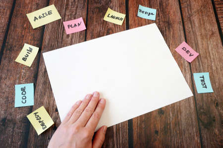 software scrum agile and devops tree in board with paper task, closeupの写真素材