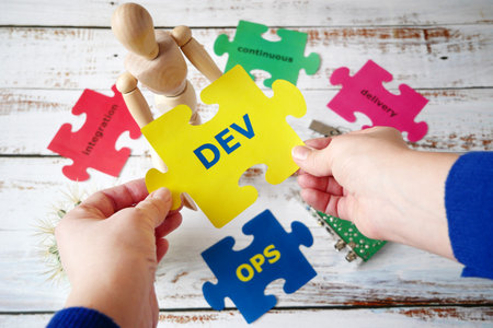hands put on board words Dev and Ops. DevOps Concept for software engineering culture and practice...