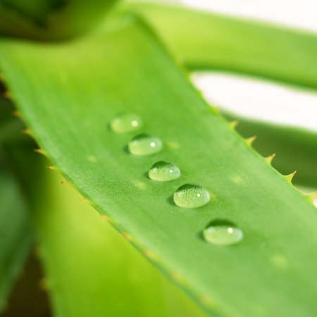 water drops on Aloe Vera plant leaf, herbal medicine for skin treatment. Herb in nature, closeupの写真素材