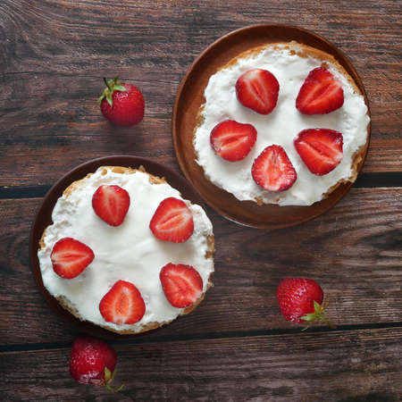 Cake with Fresh Strawberries With Whipped Milk Cream, closeupの写真素材