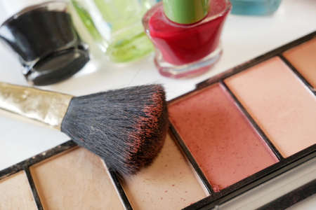 Set Of Cosmetic Makeup Products. Nail polish, mascara, lipstick, eye shadows, brush, powder, lip...
