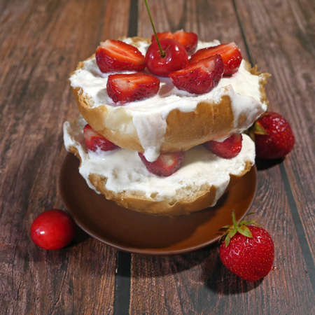 Cake with Fresh Strawberries With Whipped Milk Cream, closeup