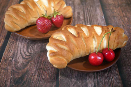 Cake with Fresh Cherries With Whipped Milk Cream, closeup