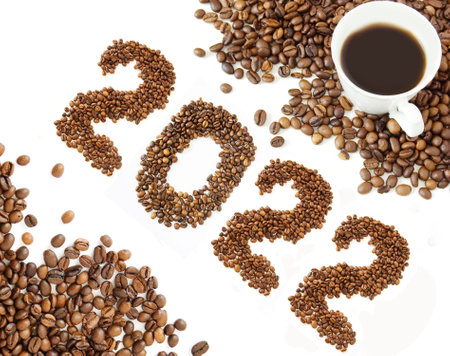 Coffee beans merry Christmas and 2022 happy new year, closeupの写真素材