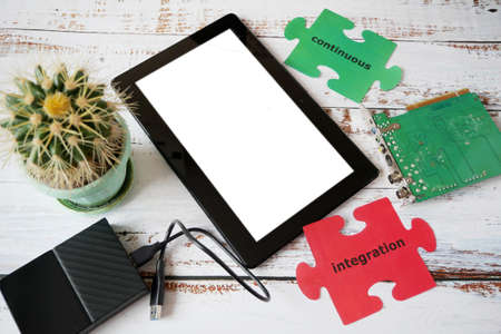 DevOps Concept for software engineering culture and practice of software development and operation, closeupの写真素材