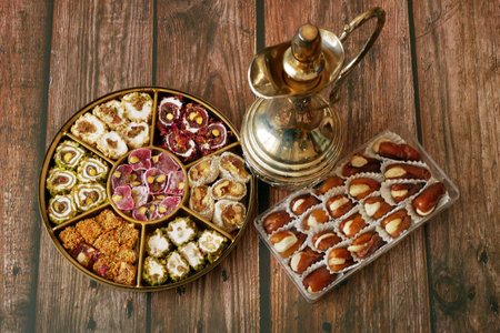 Eastern sweets with nuts, candy, dates in box background, closeupの写真素材