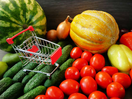 many different fruit and vegetables and Shopping Trolley, green glocery shop, healthy fresh colored fruits and vegetables background delivery conceptの写真素材