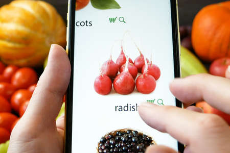 grocery online shopping. Fresh organic vegetables and fruits on wood table and mobile phone in hand...